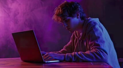 a determined young man using his laptop at a wooden table, displaying a concentrated pose on a purple background, providing room for text or graphic overlay