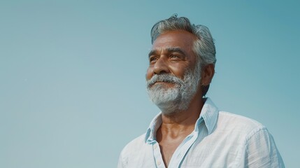 a distinguished Indian man with a gray beard, standing confidently against a serene blue background, with space beside him for text or graphics