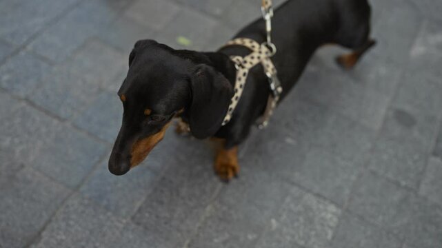 A teckel dog on a leash stands on a paved urban street, displaying its black and brown coat in an outdoor city environment.