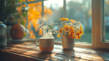 photorealistic image of steam rising from a cup of coffee on a wooden kitchen counter, Autumn outside window, mystery,