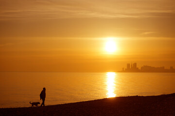 Fototapeta premium black Silhouette of man walking with their dogs at the beach. one male walking. walk at sunset. Walking dog on coastline at sunset. sunray. Batumi Georgia