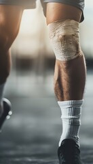 Athlete with injured knee and bandage walking in gym. Focus on leg muscles and injury recovery. Exercise and rehabilitation concept.