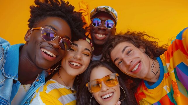 a dynamic selfie scene with four friends at a vibrant party, against a yellow background that signifies energy and positivity.