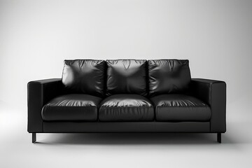 Fototapeta premium Modern black leather sofa standing in a white room