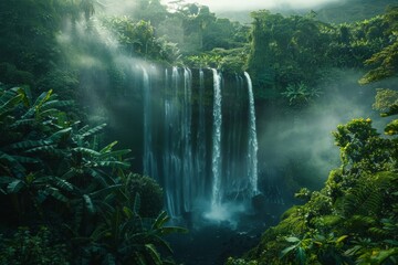 Majestic waterfall cascading down lush cliff in tropical rainforest