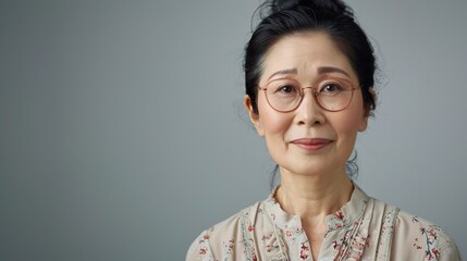 a friendly Asian housewife with several best gestures and greetings, against a neutral gray backdrop that emphasizes her approachable and warm personality