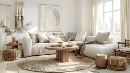 Scandinavian living room interior design in light colors grey and beige colors