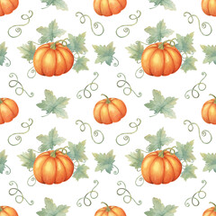 Orange pumpkins with green leaves and vines clipart. Watercolor seamless pattern Perfect for autumn-themed wrapping paper, fabric design, party invitations, and seasonal decorations.