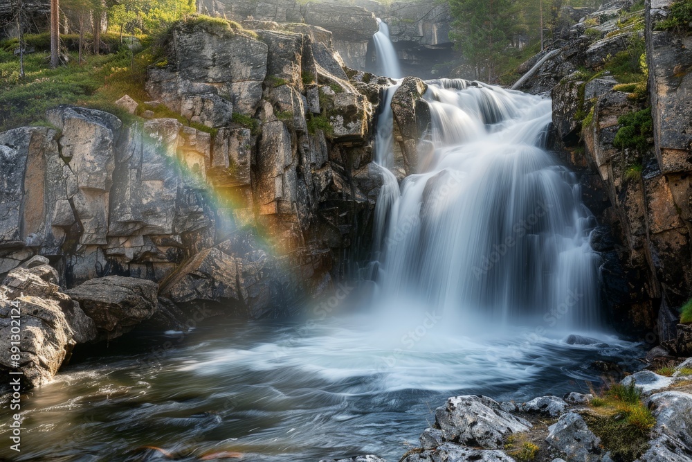 Poster double waterfall cascading down rocky mountain creating rainbow in river