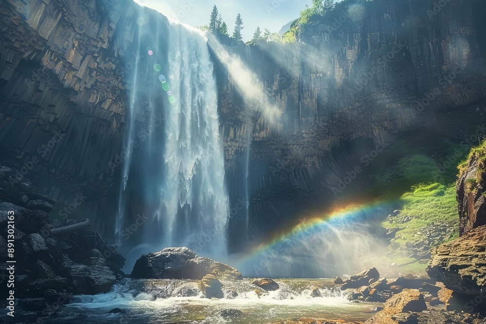 Poster sunlight creating rainbow over waterfall cascading down rocky mountain cliff