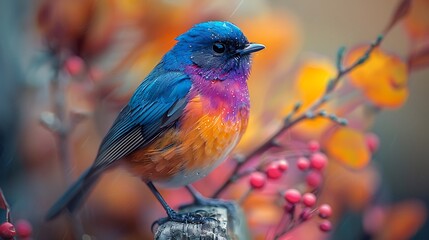Obraz premium Striking blue bird with a vibrant rainbow-colored belly perched on a branch surrounded by fall foliage