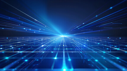 Light blue laser rays shining down on a grid floor, blue glow lines in the background, glowing...