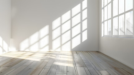 Obraz premium A bright white room with a large window, white wooden floor, and soft shadows from the sunlight filtering through the windows. The space is empty of furniture or decorations