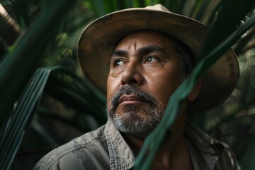 Obraz premium Latin farmer wearing hat looking up in jungle