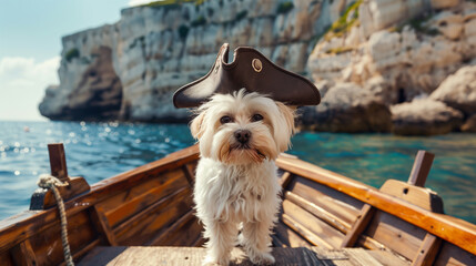 A cute white Maltese dog wearing a pirate hat standing on the bow of an old wooden boat, with rocky cliffs in the background and sea water in the front on a sunny day, 