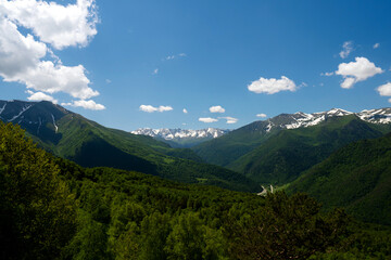 Obraz premium Snow-capped mountains and lush green valleys under blue sky.