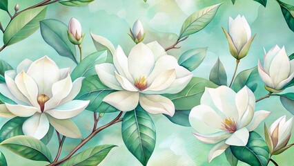 Fototapeta premium White magnolia blossoms on a green branch in full bloom