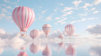 Obraz premium A group of hot air balloons floating in the sky, balloon is striped with pastel pink and white stripes, A light pastel colored clouds background, with a soft dreamy atmosphere, fantasy romantic 