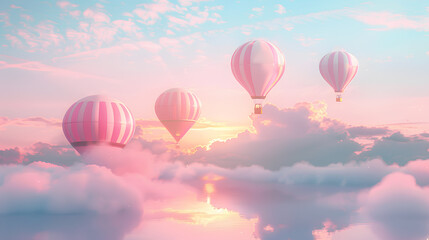 Obraz premium A group of hot air balloons floating in the sky, balloon is striped with pastel pink and white stripes, A light pastel colored clouds background, with a soft dreamy atmosphere, fantasy romantic 