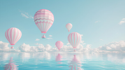 Obraz premium A group of hot air balloons floating in the sky, balloon is striped with pastel pink and white stripes, A light pastel colored clouds background, with a soft dreamy atmosphere, fantasy romantic 