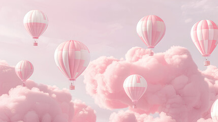 A group of hot air balloons floating in the sky, balloon is striped with pastel pink and white stripes, A light pastel colored clouds background, with a soft dreamy atmosphere, fantasy romantic 