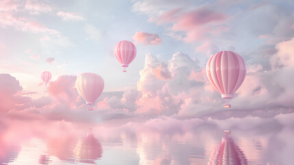 Obraz premium A group of hot air balloons floating in the sky, balloon is striped with pastel pink and white stripes, A light pastel colored clouds background, with a soft dreamy atmosphere, fantasy romantic 