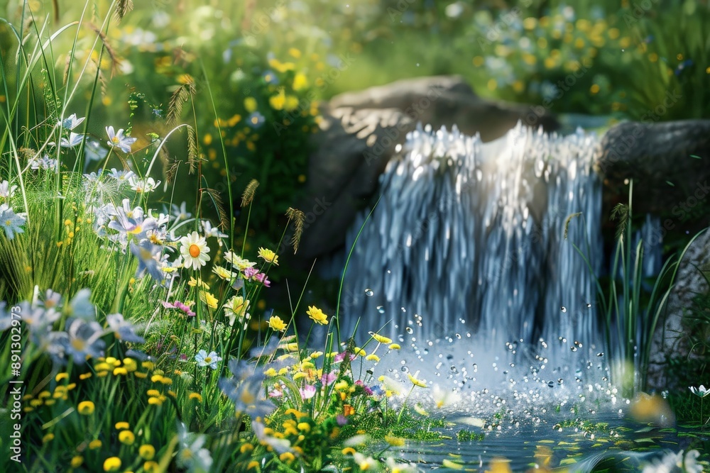 Poster small waterfall flowing on rocks in a field of flowers
