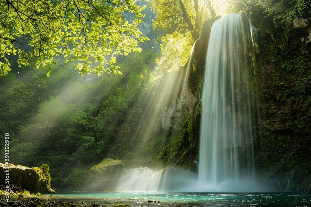Poster sunlight illuminating waterfall cascading into tranquil pond