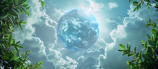 In the midst of a cloudy sky a radiant blue globe is encircled by healthy green plants representing the significance of ecological preservation and maintaining