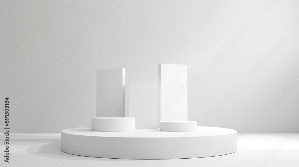 Wall mural 3d render of white podium with three vertical blocks on the round platform,