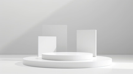 3d render of white podium with three vertical blocks on the round platform,