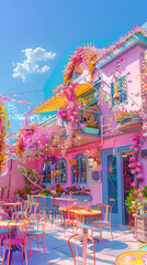 Fototapeta premium A vibrant pastel-colored cafe exterior adorned with colorful flowers and outdoor seating, whimsical charm that girls love in their dream life