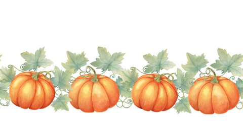 Pumpkin seamless border clipart features vibrant orange pumpkins with green leaves in a watercolor , perfect for autumn-themed designs. Ideal for invitations, seasonal decor, and packaging