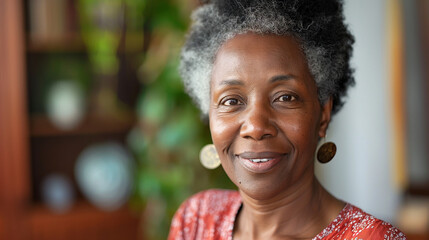A heartwarming portrait of a smiling elderly black  woman with a grey afro, dressed in a colorful patterned dress, her eyes shining with wisdom and warmth, embodying a life well-lived and contentment.