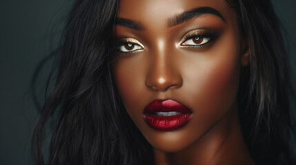 A glamorous close-up of a black woman with glowing skin, her dramatic makeup and bold red lipstick highlighting her striking features, creating a sophisticated and high-fashion image.