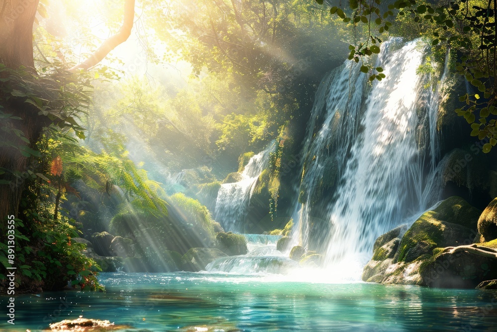 Poster Sunlight filtering through trees illuminating spectacular waterfall cascading down moss covered rocks