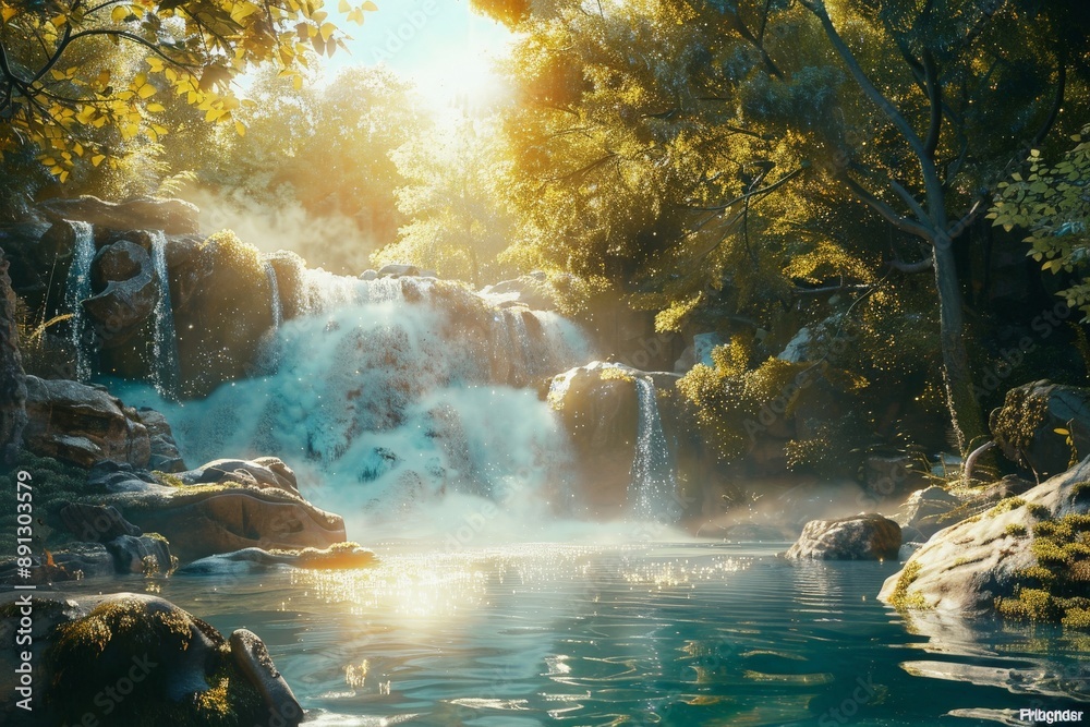 Poster Sunlight illuminating a waterfall cascading down rocks in a forest