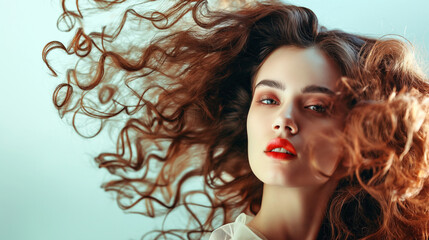 Fototapeta premium A captivating Caucasian woman with voluminous curly hair, striking red lipstick, wearing a sheer outfit, posing confidently against a serene pale blue backdrop.