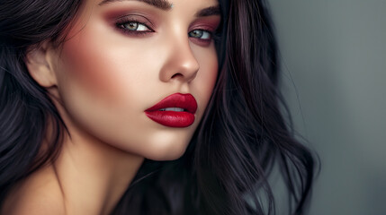Fototapeta premium An elegant woman with striking, bold makeup and flowing hair poses serenely against a gentle background, embodying high fashion and sophisticated glamor with her confident yet serene expression.