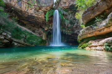 Waterfall cascading into tranquil turquoise pool in picturesque canyon