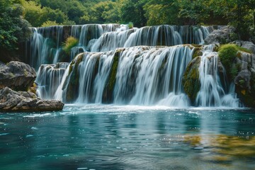 Obraz premium Picturesque waterfall cascading down lush green moss covered rocks in turquoise river