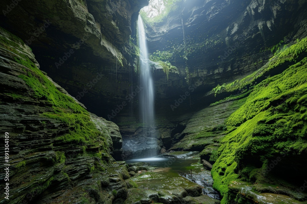 Poster waterfall cascading into cave opening illuminating green moss covered walls