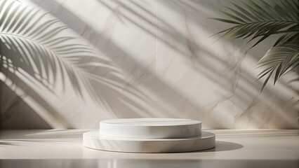 Empty white marble podium displaying on sunlit wall with tropical plant shadow