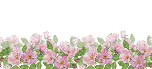Fototapeta premium Wild rose seamless border presents vibrant pink flowers with green leaves in watercolor, for creating elegant floral designs. Clipart Ideal for use in invitations, stationery, and fabric patterns
