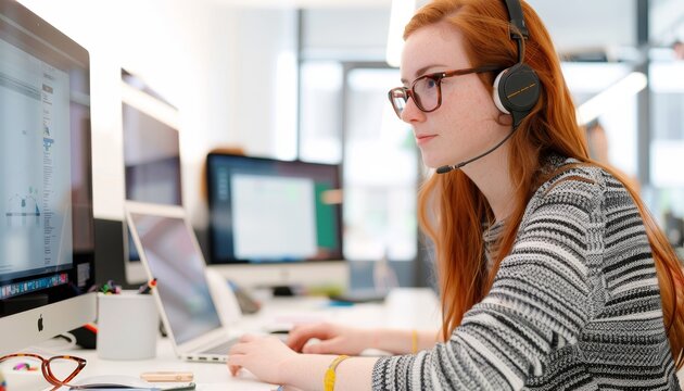 Young Woman Working on Laptop in Office with Headphones