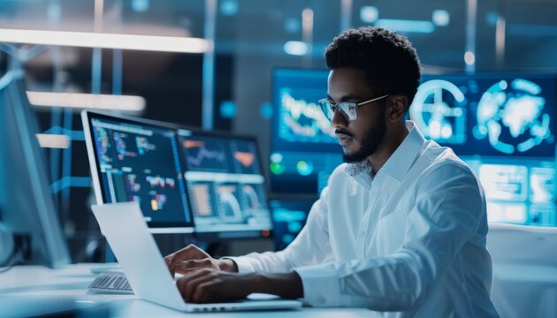 Focused Businessman Working on Laptop in Office