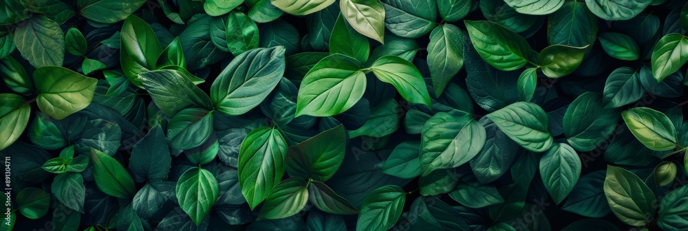 Poster Dense array of overlapping green leaves creating a vibrant botanical texture. Perfect for natural designs.