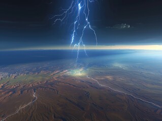 dramatic view of lightning storm over vast plain with the ozone layer visible as protective barrier against the elements The contrast between the storm and the clear sky is striking