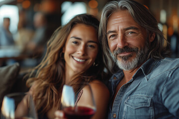 beautiful people are sitting on the sofa and drink wine
