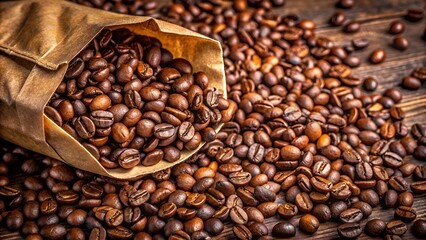 Fototapeta premium Brown paper bag spilling roasted coffee beans on table